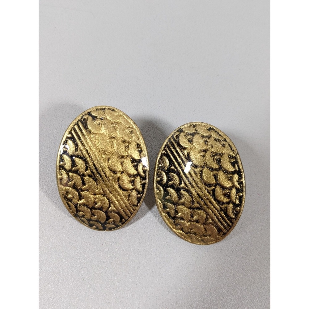 Vintage Black Snakeskin Pattern Earrings Gold Tone Oval Pierced